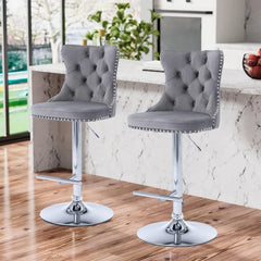 Bar Stools Set of 2,Adjustable Barstools with Back Velvet Tufted Counter Stool Modern Upholstered Bar Chairs with Nailhead