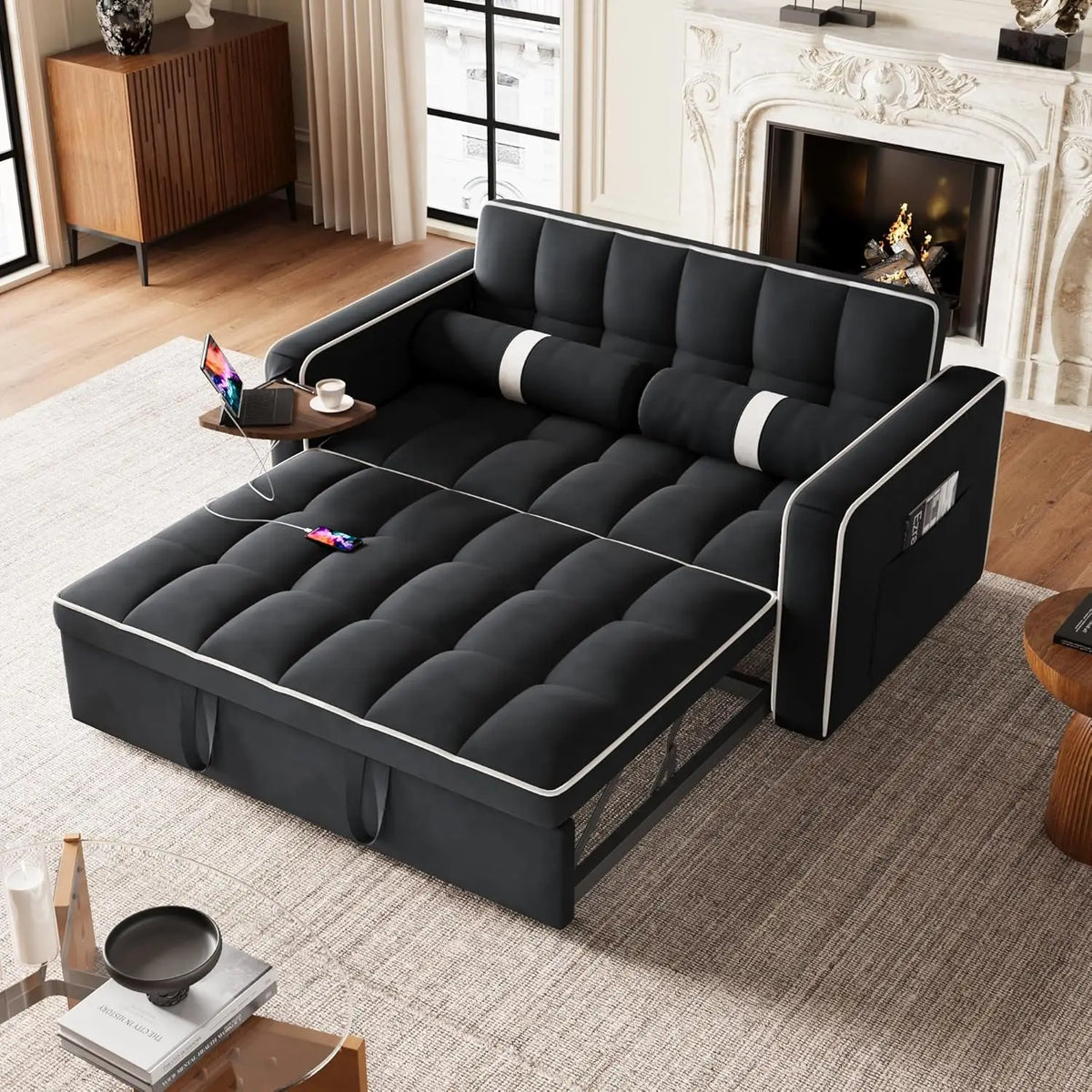 3 in 1 Sleeper Sofa Bed - Convertible Love Seat Couch with Side Table, Tufted Futon Sofa w/Pullout Bed, Adjustable Backrest