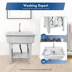 Home Laundry & Utility Sinks, Plastic Freestanding Washing Room Laundry Tub Sink with Washboard Faucet Drain Kit