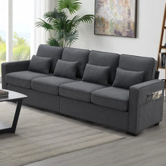 Linen Fabric Sofa with Armrest Pockets and 4 Pillows, Minimalist Style 4-Seater Couch for Living Room, Apartment