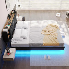 California King Floating Bed Frame with Hidden Storage Headboard and Charging Station Floating Platform Bed with Led Lights