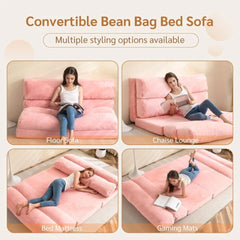 Bean Bag Bed Folding Sofa Bed, Extra Wider Fold Full Floor Mattress for Adults with Washable Soft Faux Fur Cover