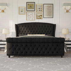 King Size Platform Bed Frame, Chenille Upholstered Sleigh Bed with Scroll Wingback Headboard & Footboard/Button Tufted