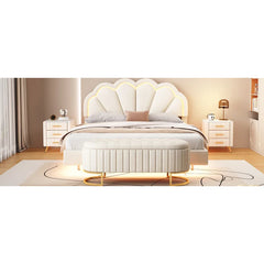 2-Pieces Bedroom Sets,Queen Size Upholstered LED Platform Bed with Storage Ottoman-Velvet,Beige