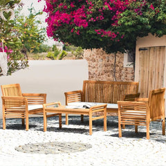 4 Piece Outdoor Acacia Wood Sofa Set with Water Resistant Cushions, Padded Patio Conversation Table Chair Set w/Coffee Table