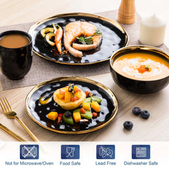 LOVECASA 16/32 Piece Black Porcelain Dinnerware Set with Gold Trim Dessert Plate,Dinner Plate,Cup,Bowl Tableware Set