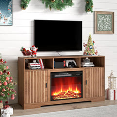 Fireplace TV Stand for 65 Inch TV Entertainment Center with Electric Fireplace Storage Modern Fluted TV Stands with Open Storage