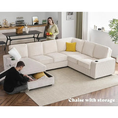 U Shaped Sofa, 7 Seater Sofa with USB Ports, Sectional Sofa Couch with Storage Chaise, Corduroy Beige