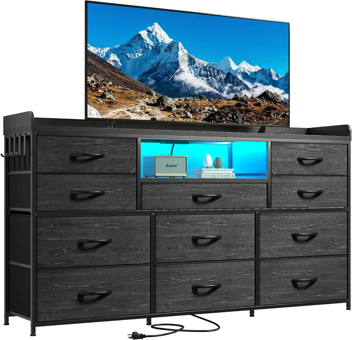 Dresser TV Stand with TV Stand for Bedroom with LED Lights & Power Outlets Long Dresser for Bedroom with Shelves