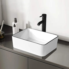 Ceramic Rectangular Bathroom Vessel Sink, 19'' X 15'' Above Counter Porcelain Small Sink, White Body With Black Trim On The Top