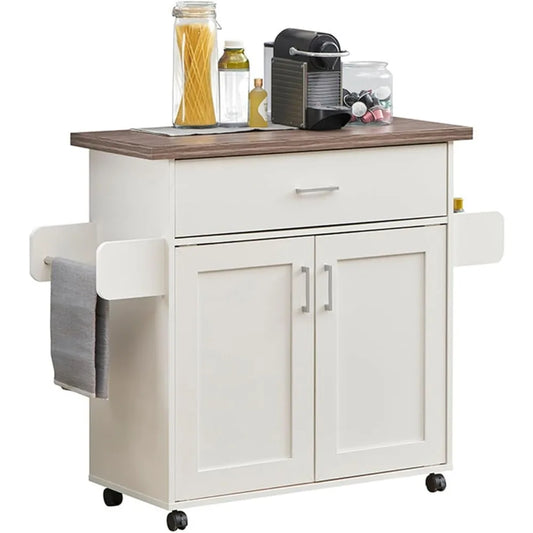 Kitchen Cabinets Luxury Mobile Kitchen Island Style Handcart with Waterproof Top and Storage Cabinet with Adjustable Shelf