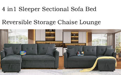 Sectional Sofa Bed Convertible Sleeper Corner Couch w/USB Ports and Storage Chaise, 4 in 1 Pull-Out Sofabed for Living Room, Apa