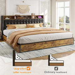 EnHomee 4 Drawers King and Headboard UpholsteredKing Size Bed Frame with Storage & amp