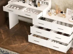 Irontar Vanity Desk with Large Mirror and 3-Color Lights, Makeup Vanity with 8 Drawers & Open Shelf, Side Cabinet