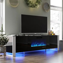 80" Fireplace TV Stand with 40" Electric Fireplace, High Gloss Entertainment Center with LED Lights, Modern Entertainment Stand