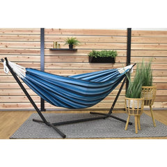 Double Cotton Hammock with Space Saving Steel Stand, Blue Lagoon (450 lb Capacity - Premium Carry Bag Included)