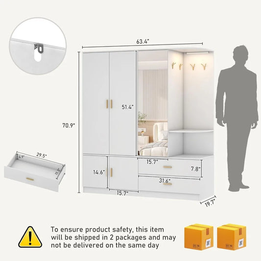 5 Doors Armoire Wardrobe Closet with Sensor Lamp and Mirror,Wooden Armoire Closet with 2 Drawers,4Hooks,2Hanging Rods,Open Space