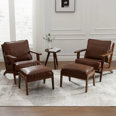 Accent Chair with Ottoman, PU Leather Living Room Chair Set with Solid Wood Frame, Comfy Upholstered Single Sofa Armchair