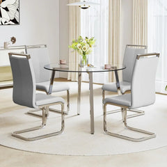 Dining Table, Round Glass, Tempered Glass Top and 4 Chairs with Seat and Sturdy Chrome Legs, 5-Piece Dining Table Set