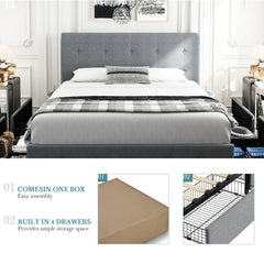 HOOMIC Platform Storage Bed Frame with 4 Drawers, Adjustable Headboard with Square Stitched Button Tufted Design Allewie