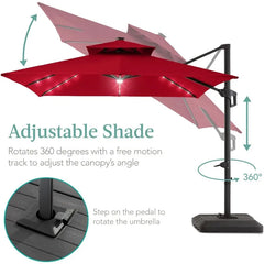 10x10ft 2-Tier Square Cantilever Patio Umbrella with Solar LED Lights, Offset Hanging Outdoor Sun Shade