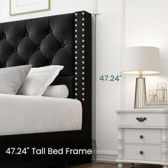 Queen Size Upholstered Bed Frame with Storage Velvet Platform Tufted Bed Frame with 4 Drawers and Headboard,  Black Bed