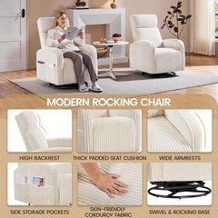 360°Swivel Glider Chair,Rocking Chair Nursing Chair with Side Pockets,Corduroy Glider for Living Room with Back Beige,Sofa Chair