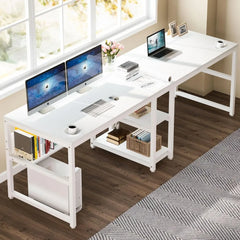 Two Person Desk with Bookshelf, 78.7 Computer Office Double Desk for Two Person, Rustic Writing Desk Workstation