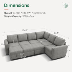 Modular Sectional Sleeper Sofa Bed, Corduroy Pull Out Couch with Storage Ottoman, U Shaped Sectional Couches for Living Room