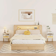 Rattan Nightstand with Charging Station, 2 Drawer Dresser for Bedroom, Small Bedside Table with 2 Drawers, Night Stand,