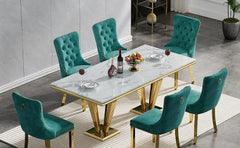 70 Inch Luxury Marble Dining Table Set, Modern Imitation Marble Dining Table, Equipped with 6 Sets of White Velvet Dining Chairs