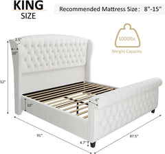 King Size Platform Bed Frame, Chenille Upholstered Sleigh Bed with Scroll Wingback Headboard & Footboard/Button Tufted