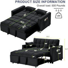 55.2'' Pull Out Couch 2-Seater Sleeper Loveseat, 3-in-1 Reclining Sofa Bed, Futon Adjustable Backrest with Pillows, Pockets