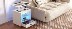 LED Nightstand w/ Charging Station & Sockets, Modern Bedside Table, Large Side End Table, Laptop Tray Workstation, Movable Wheel