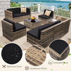 8PCS Outdoor Wicker Rattan Patio Furniture Sectional Set with Hidden Storage 7 Sofa Sections Oversized Cushions