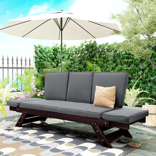 Outdoor Adjustable Patio Couch Sofa Bed, Acacia Wood Daybed Sofa Chaise Lounge with Cushions, Futon Sofa Furniture for Patio