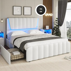 Full Size Bed Frame with Headboard and 4 Storage Drawers, Full Bed Frame with Led Lights & 2 USB Ports, Bed Frame