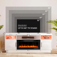 Modern Industrial TV Stand with 36'' Fireplace-LED Light Entertainment Center suit for 75+ inch TV-White with Storage