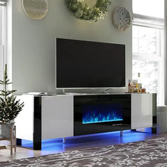 80" Fireplace TV Stand with 40" Electric Fireplace, High Gloss Entertainment Center with LED Lights, Modern Entertainment Stand