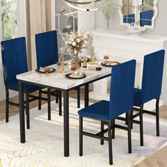 Dining Table Set for 4- Space Saving Kitchen Table and Chairs for 4, Modern Style Faux Marble Tabletop & 4 Blue Velvet Chairs