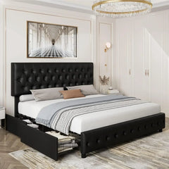 Bed Frame with 4 Storage Drawers and Adjustable Headboard, Upholstered Platform Bed with Button Tufted Design, Strong Wood