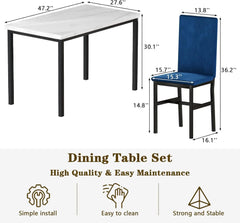 Dining Table Set for 4- Space Saving Kitchen Table and Chairs for 4, Modern Style Faux Marble Tabletop & 4 Blue Velvet Chairs