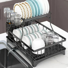 Large 2-tier dish drying rack for kitchen countertops, removable large-capacity dish draining rack