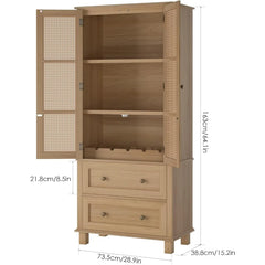 Kitchen Pantry Storage Cabinet, Tall Cabinet with Rattan Doors and 2 Drawers, Freestanding Cupboard with Adjustable Shelvesl