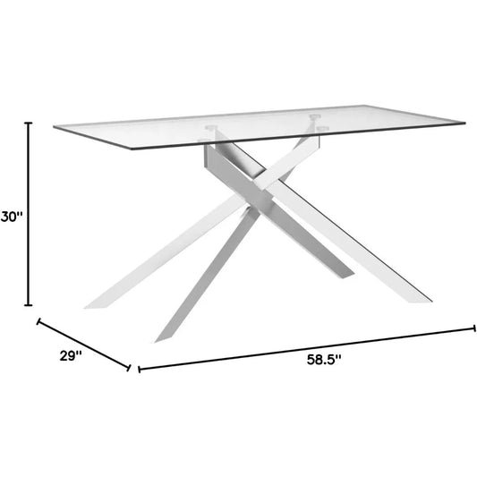 58.5” Rectangle Glass Dining Table, Tempered Glass Tabletop and Metal Tubular Legs, Modern Style Table for Home,