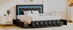 Full Size Bed Frame w LED Lights, Upholstered Bed Frame with 4 Storage Drawers,Platform Bed with Diamond Headboard and Footboard