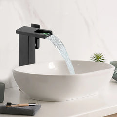 Black Bathroom Vessel Faucet Led Light 3 Color Changing Waterfall Single Handle One Hole Bowl Sink Faucet Vanity Lavatory Deck