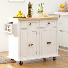 Kitchen Cabinets Rolling Kitchen Island Cart with Storage, Wooden Handcart with Spice and Towel Rack Kitchen Furniture