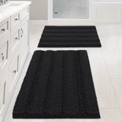 Sage Bathroom Rugs, Bath Mat Set of 2 Extra Thick Chenille Striped Pattern Shaggy Bath Rugs for Bathroom