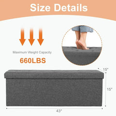 43 Inch Folding Storage Ottoman Bench, Holds Up To 660lb-Grey FootRest Stool with Padded Seat